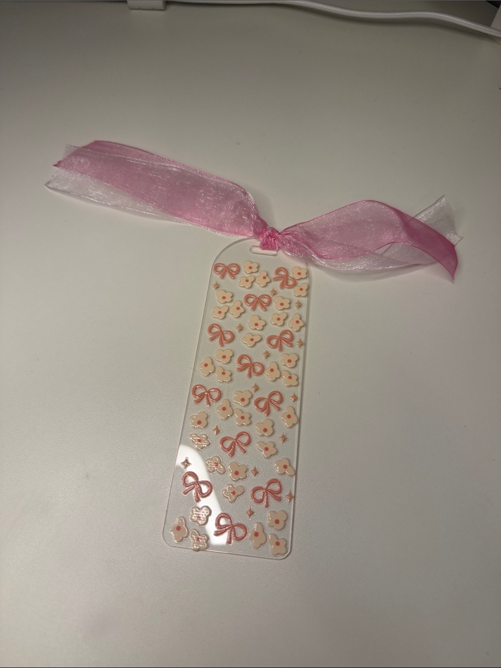 Acrylic Pink Floral Bow Bookmark with Sheer Ribbon